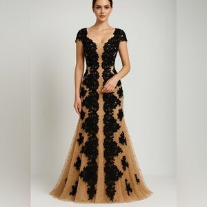 Embroidered Maxi Dress Womens Size 6 Nude Black Embellished Prom Evening MNM